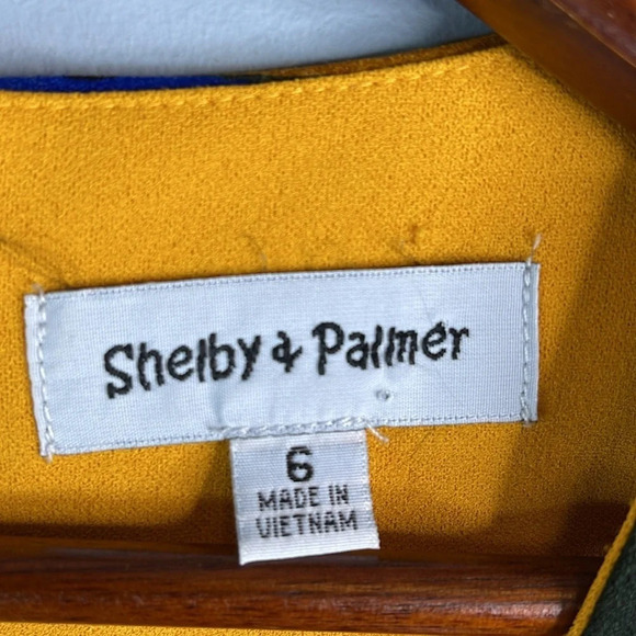 SHELBY & PALMER Polka Dot Rose Pattern Midi Dress Gold Royal Blue Flute Sleeve 6 - Picture 9 of 13